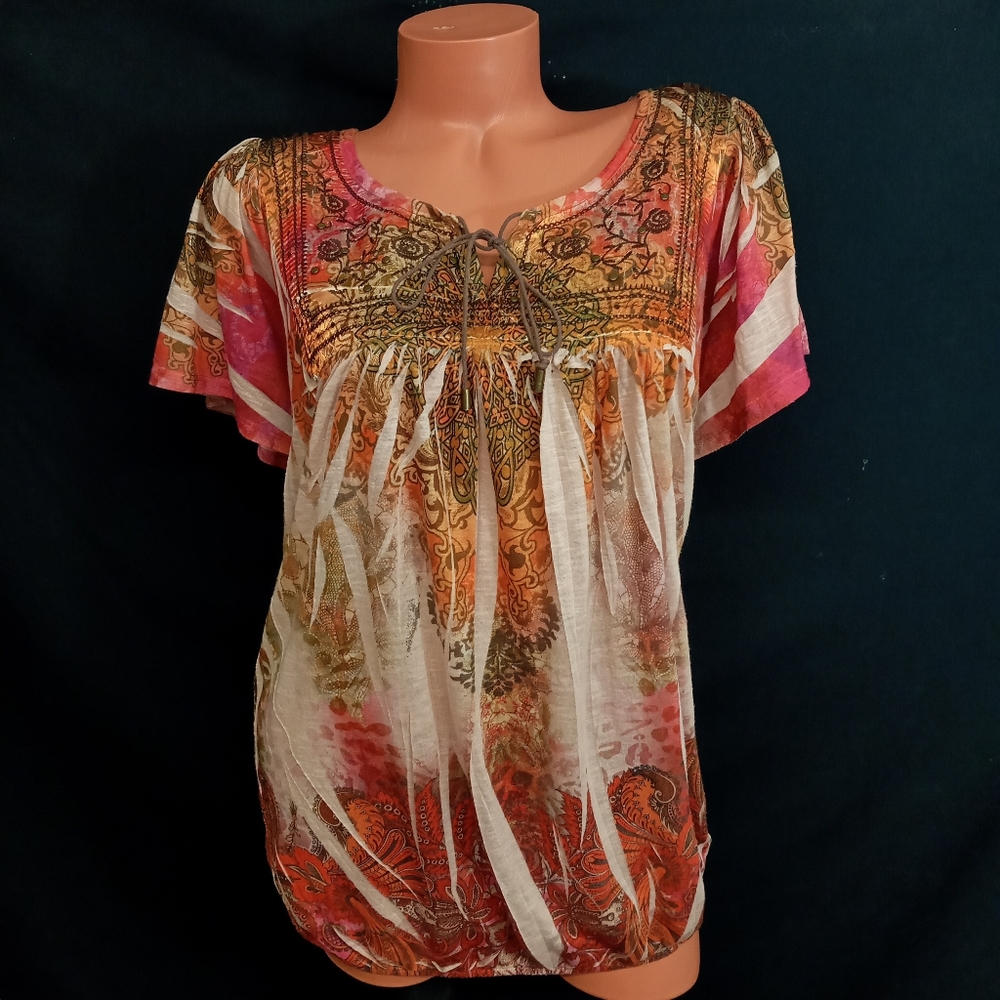 2X Dressbarn sublimation back lace detail / elastic hem top